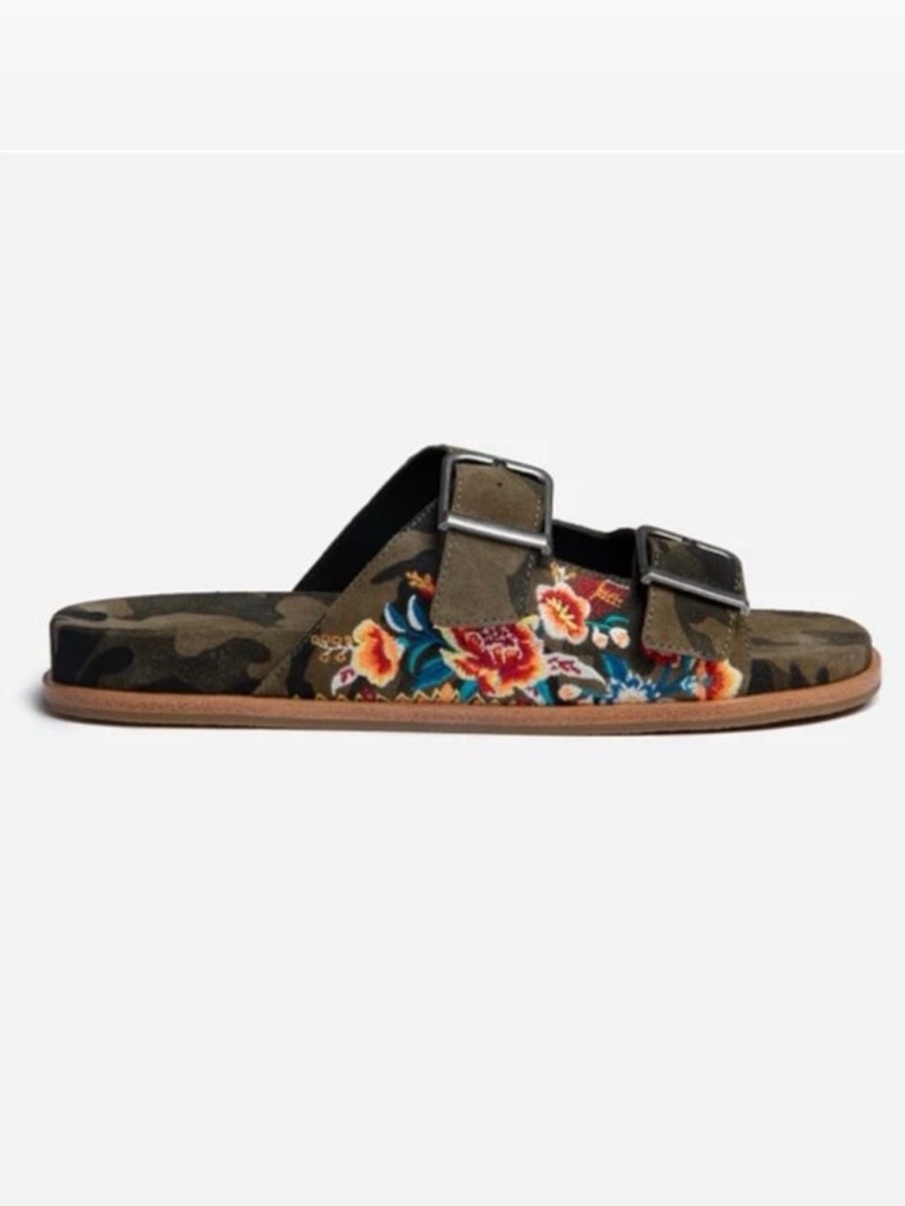 Johnny Was Embroidered Buckle Slides Camo